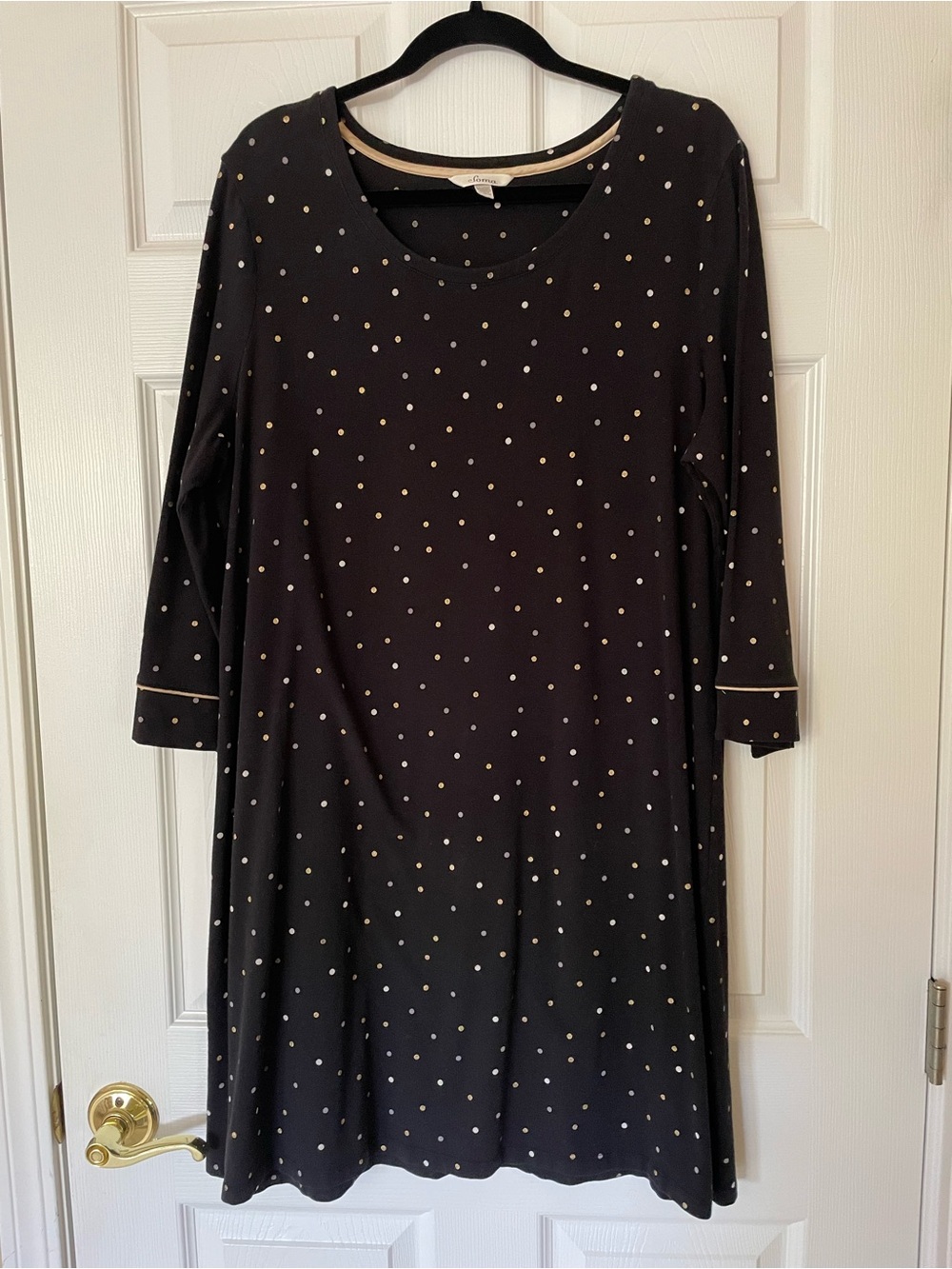 EUC Soma Black Polka Dot Nightgown Metallic Trim 3/4 Sleeve Sleep Shirt